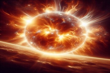 Fototapeta premium Astronomische Aufnahme eines feurigen Sonnensturm auf der Oberfläche der Sonne vom Weltraum aus betrachtet