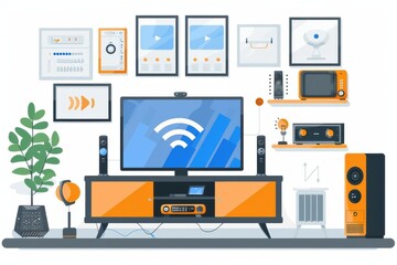 Smart home entertainment system with various connected devices, emphasizing technology, comfort, and modern digital living