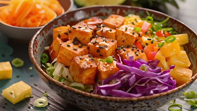 Enjoy the flavors of Hawaii with this tofu poke bowl featuring marinated tofu shredded cabbage and chunks of pineapple all tossed together in a light and tangy dressing.