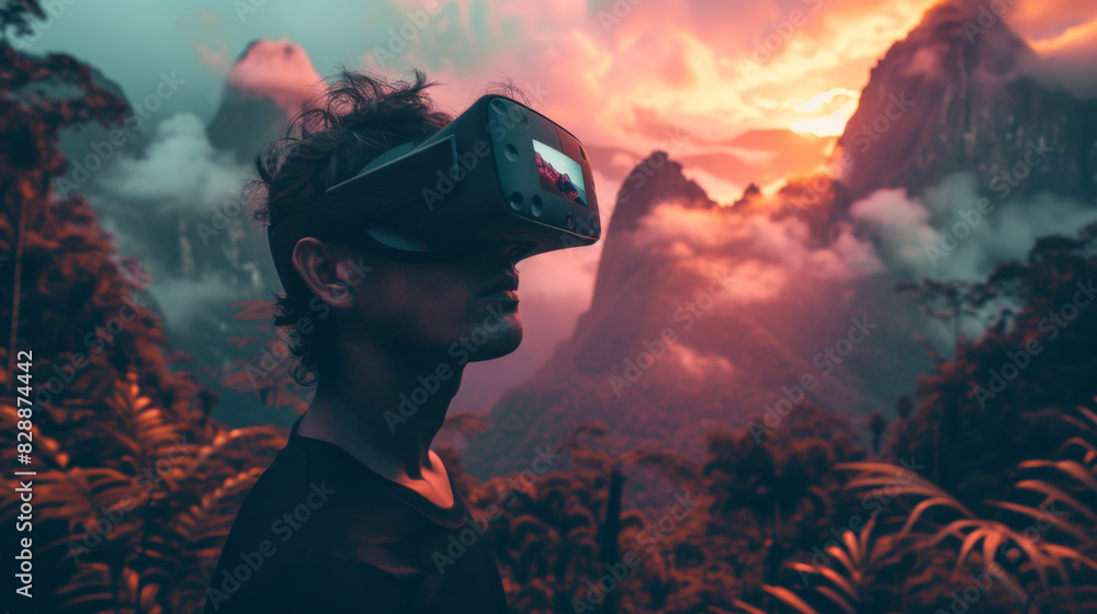 Wall mural vr headsets are transforming the art of virtual reality, in the style of mountainous vistas, mesoamerican influences, dadaist photomontage, 32k uhd, mysterious backdrops, ultra hd, epic portraiture  - Wall murals