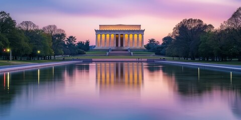 The Lincoln Memorial, in Washington DC, is beautifully captured at dusk with a vibrant sunset sky reflecting on the long reflecting pool