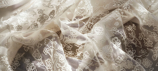 Intricate lace fabric with delicate patterns and fine textures, high realism, closeup view, elegant design.