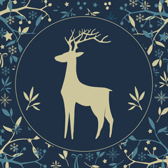 Felicitaci&oacute;n de navidad cuadrada azul y dorada. Reno con marco circular y decoraciones de flores, hojas, ramas, lazos, copos de nieve y estrellas. Post para redes sociales.