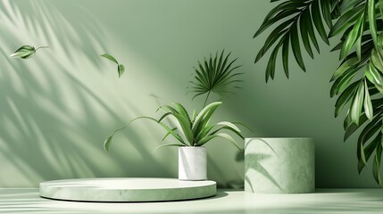 Modern Green Background with Podium and Pedestal