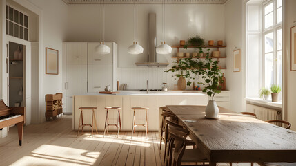 Empty modern kitchen with wooden table and chairs