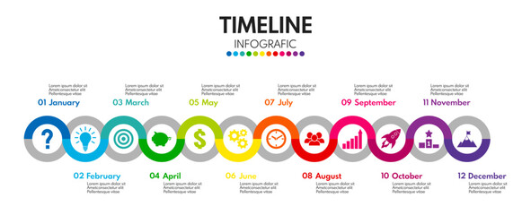 12 months or steps diagram. Whole year strategy plan or project timeline. Colorful vector infographic template with business icons.