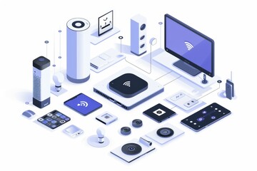 Abstract network of connected icons and symbols, representing technology, connectivity, and digital communication