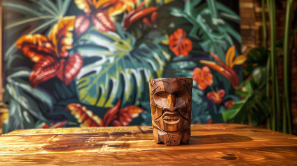 A carved wooden tiki mask in front of a vintage tropical hawaiian wallpaper background. Floral leaf and wooden elements surround an island vacation vignette for products