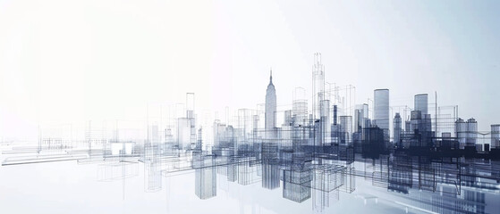 Abstract digital city skyline. Futuristic urban landscape and architecture in a minimalistic blue and white design.