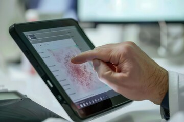 A dermatologist hand using a digital tablet to document the size and shape of a mole integrating technology into patient care