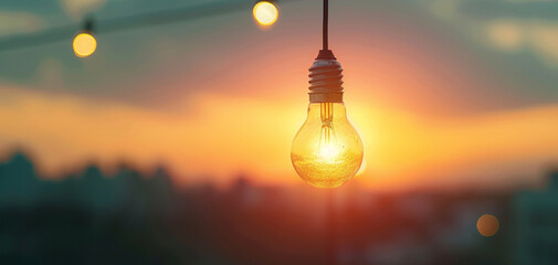 Close-up of a glowing lightbulb with a beautiful sunset in the background, creating a warm and...