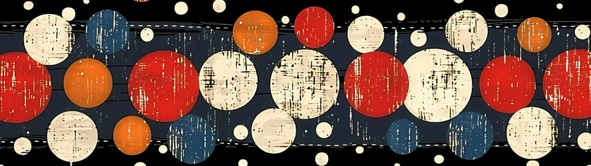 Obraz premium Reminiscent of an era gone by, charming retro pattern, circles in rich tones of red, white, blue, beige & orange are arranged on a dark backdrop, exuding a timeless vintage aesthetic with flat design