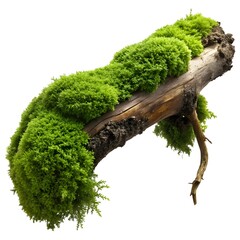 fresh green moss on rotten branch and dirt isolate