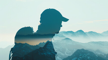 Double exposure photo of a man hiking with scenic mountain landscape, blending nature and adventure concepts in a creative composition.