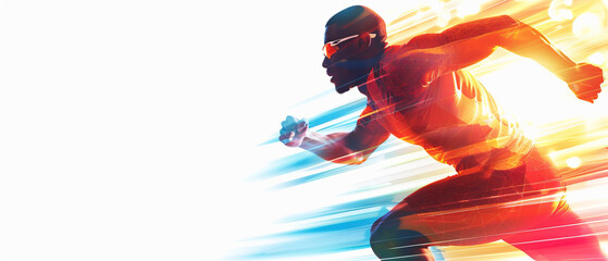 Dynamic illustration of a sprinter in motion with a vibrant, colorful background, representing speed, strength, and athletics.