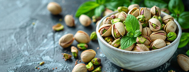 wide detailed macro closeup background photo of ceramic bowl full of green and white color pistachio nuts on a rustic wooden table and natural background with copy space 
