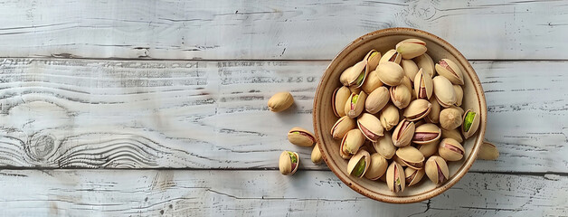 wide flat lay closeup background photo of ceramic bowl full of green and white color pistachio nuts on a rustic white color wooden table top with copy space