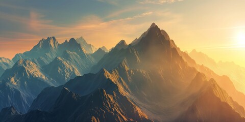 A panoramic representation of majestic mountains illuminated by a stunning sunset