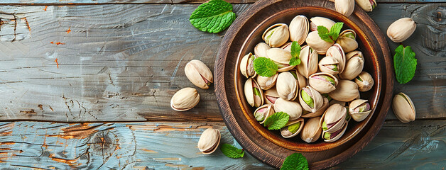 wide flat lay closeup background photo of ceramic bowl full of green and white color pistachio nuts on a rustic white color wooden table top with copy space