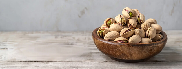 wide detailed macro closeup background photo of wooden bowl full of green and white color pistachio nuts on a rustic natural color wooden table top with copy space