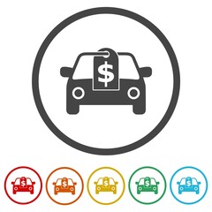 New car with dollar price tag icon. Set icons in color circle buttons