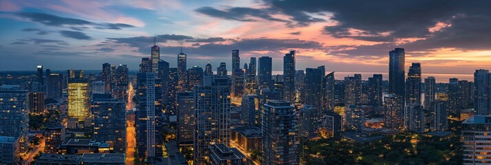 A panoramic view of a bustling city at sunset, showcasing the urban skyline and glowing lights