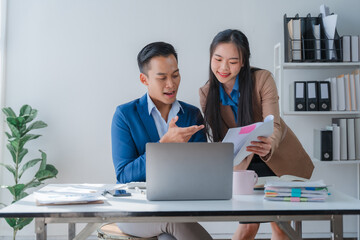 Business financial, accountant discussing with partner are meeting to audit finance planning sales...