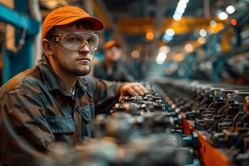 A man in safety glasses working in a factory.