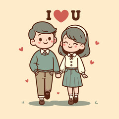 cute cartoon illustration of a happy couple. simple and minimalist. 