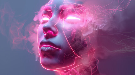 A Visual metaphor of emotional healing with flowing neon elements, digital art, abstract portrait in fire and smoke
