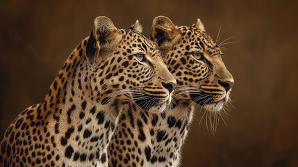 Obraz premium A high quality portrait of two leopards, standing next to each other, national geographic photography style, side view, wildlife photography, ai generated