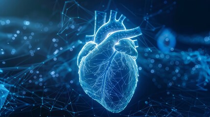 Vital Connections, Intricate Blue Model Illustrates the Heart's Structure with Light Framework - Symbolizing its Vitality and Importance in Human Anatomy, Bridging Healthcare and Medical Concepts