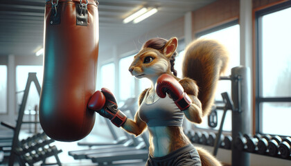 Squirrel boxer hits a punching bag. AI generated.