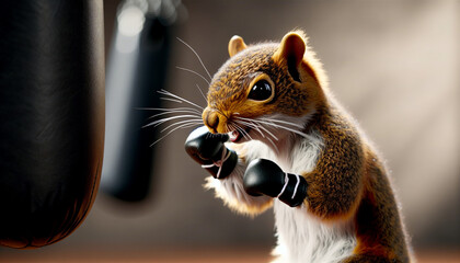 Squirrel boxer hits a punching bag. AI generated.