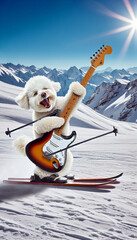 happy dog ​​goes skiing and plays the guitar. AI generated.