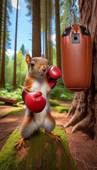 Squirrel boxer hits a punching bag. AI generated.