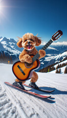 happy dog ​​goes skiing and plays the guitar. AI generated.