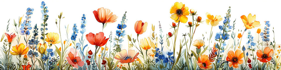 wide panoramic floral illustrations of different color flower plants in white background  