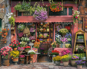 An exterior view of a charming flower shop on a busy street, detailed window displays bursting with colorful flowers, vibrant storefront with a vintage sign capturing the allure 