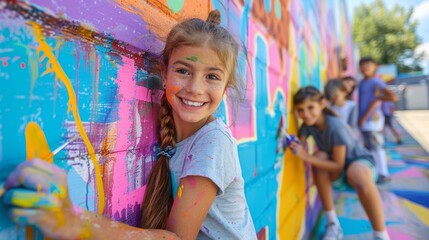 Parents and children painting a mural on a wall, everyone having fun and smiling