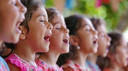 Obraz premium Hispanic Native Students Singing Together for International Children's Day. Diverse Kids Choir Performance, Multicultural Celebration, 4K Wallpaper.