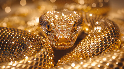 A Golden Snake Studded with Diamonds on gold background.