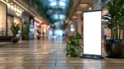 roll up mockup poster stand in an shopping center or mall environment as wide banner design with blank empty PNG 