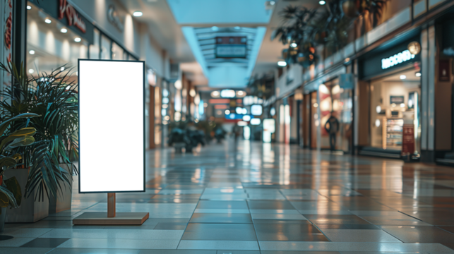 roll up mockup poster stand in an shopping center or mall environment as wide banner design with blank empty PNG 