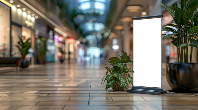 roll up mockup poster stand in an shopping center or mall environment as wide banner design with blank empty PNG 