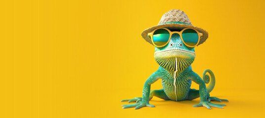 Obraz premium Summer Chameleon with Hat and Sunglasses on a Yellow Background with Space for Copy