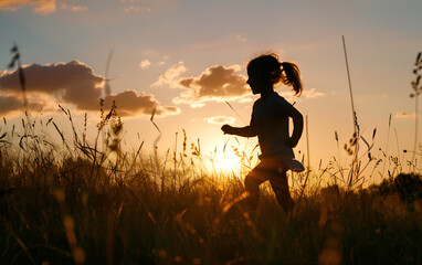 Silhouette of a child girl running on the meadow at sunset background