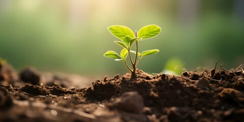 Nurturing Eco-Friendly Creativity: Symbolism of a Seedling Growing in Fertile Soil. Concept Eco-Friendly, Creativity, Symbolism, Seedling, Fertile Soil