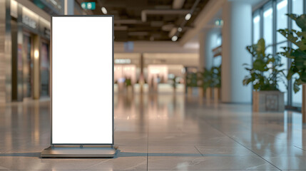 roll up mockup poster stand in an shopping center or mall environment as wide banner design with blank empty PNG 