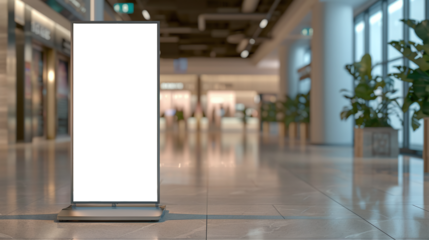 roll up mockup poster stand in an shopping center or mall environment as wide banner design with blank empty PNG 